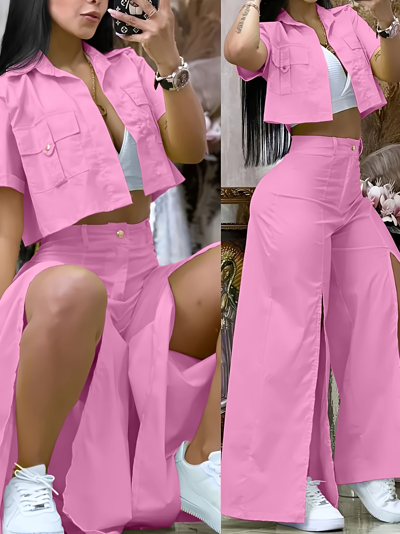 [Vibrant Yellow Set] Two-Piece Vibrant Yellow Women's Casual Set - Short Sleeve Button-Up Shirt & High-Waist Wide-Leg Pants with Thigh-High Slit, Polyester, Machine Washable