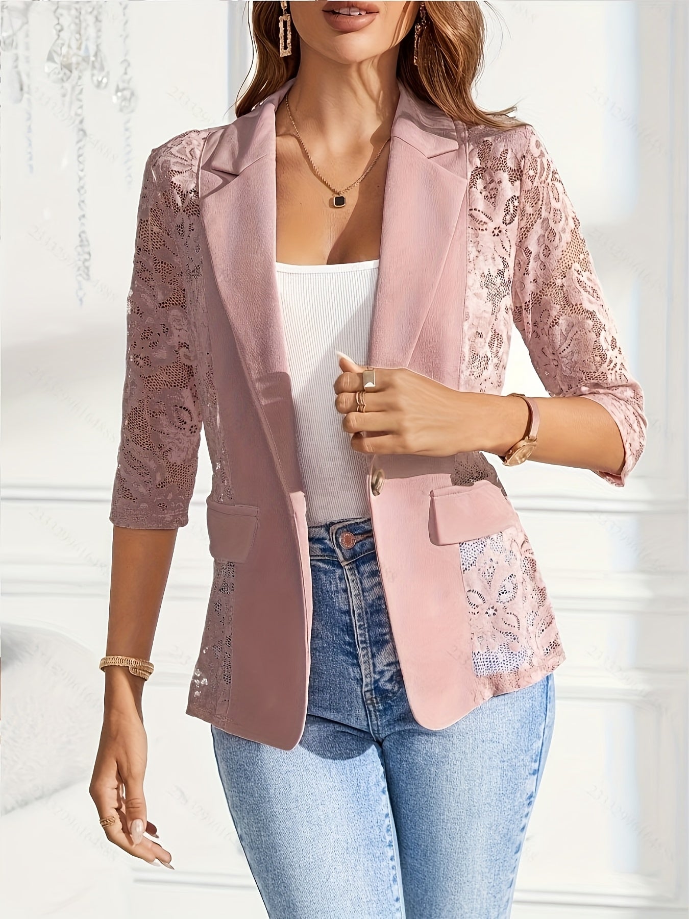 Women's Elegant Single-Breasted Blazer - Long Sleeve, Open Front, Smooth Polyester with Contrast Lace Detail, Lightweight 120g/m², Spring/Fall Office Wear | Sheer Design | Micro Elasticity