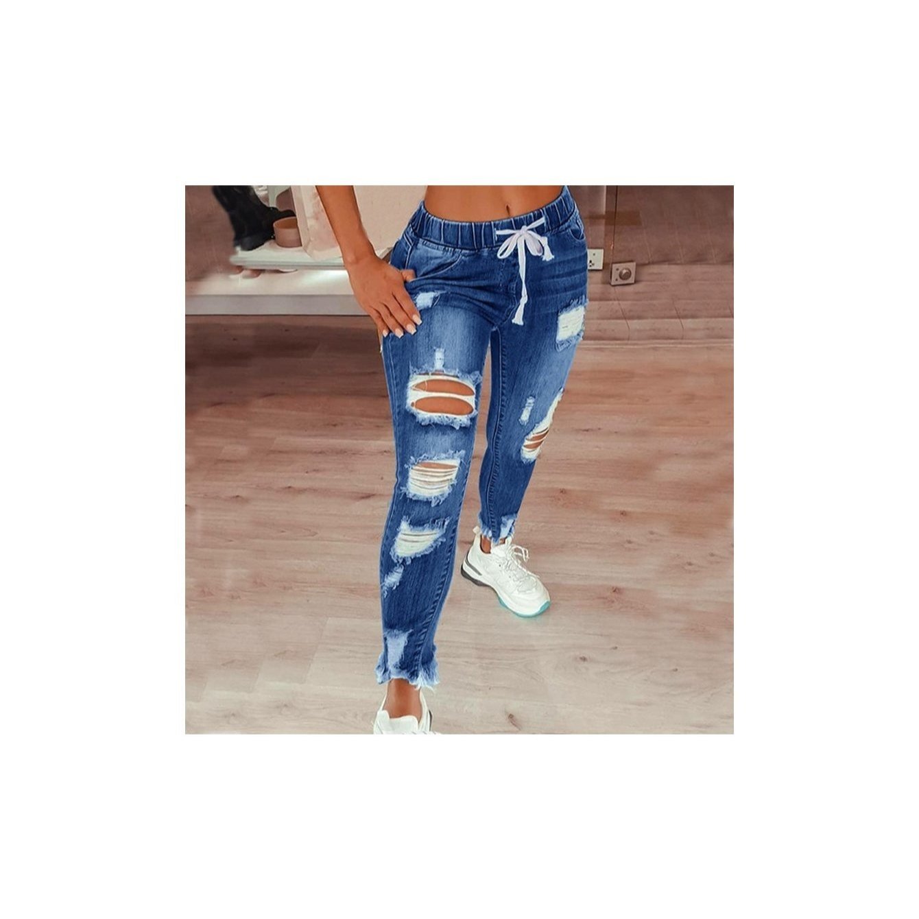 Europe and the United States ladies high waist retro college wind hole feet with elastic waist drawstring long jeans