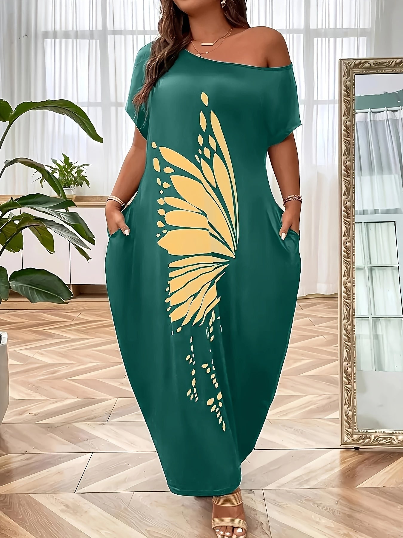 Chic Off-Shoulder Butterfly Print Maxi Dress for Women - Casual & Elegant, 100% Polyester, Machine Washable, Summer-Ready with Short Sleeves & Pockets