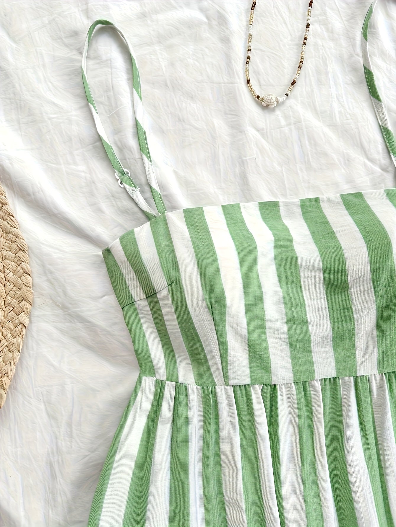Elegant Green & White Striped Midi Dress with Adjustable Spaghetti Straps and Ruffled Hem - Machine Washable, Perfect for Spring/Summer/Fall