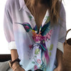 Women'S Long Sleeve Printed Blouse - Vibrant Hummingbird & Floral Design, Casual Lapel Collar, Lightweight Polyester Shirt for Spring/Fall, Ladies Blouses