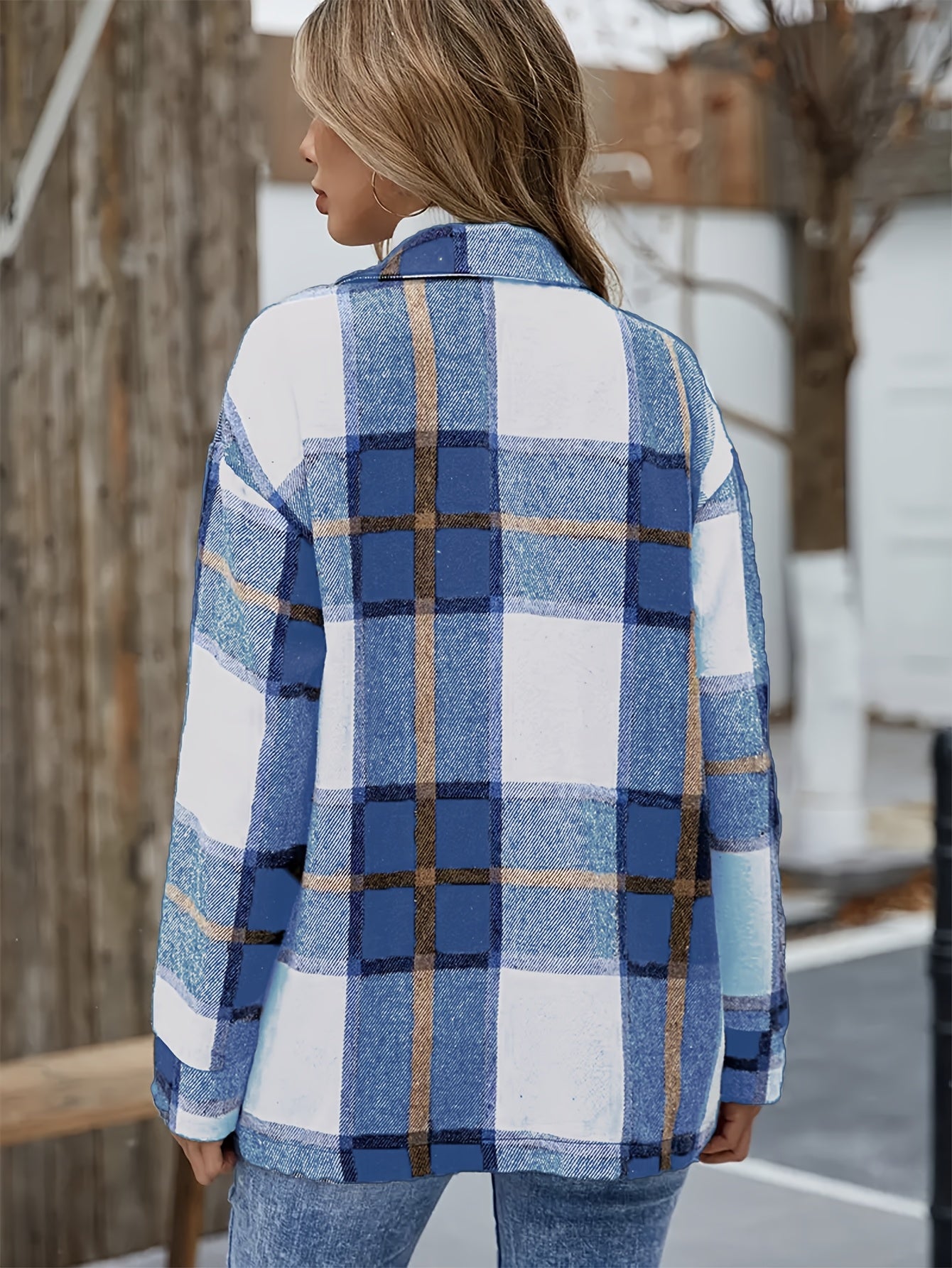 Elegant Plaid Long Sleeve Shirt, Women'S Blue, Polyester, Lapel Collar, Woven, 120gsm, for Spring/Summer