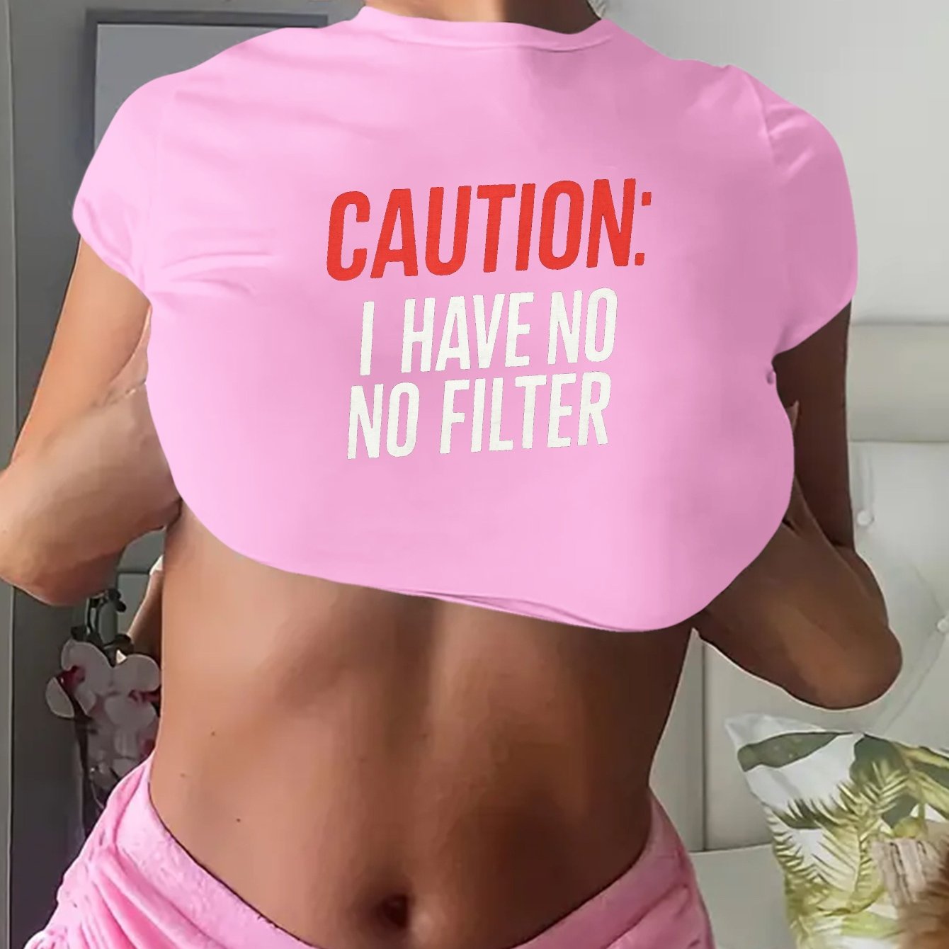 Y2K-Inspired "Caution: I Have No Filter" Graphic Crop Top T-Shirt for Women - Short Sleeve, Crew Neck, Stretchy Polyester Blend, Machine Washable, Casual & Playful Design