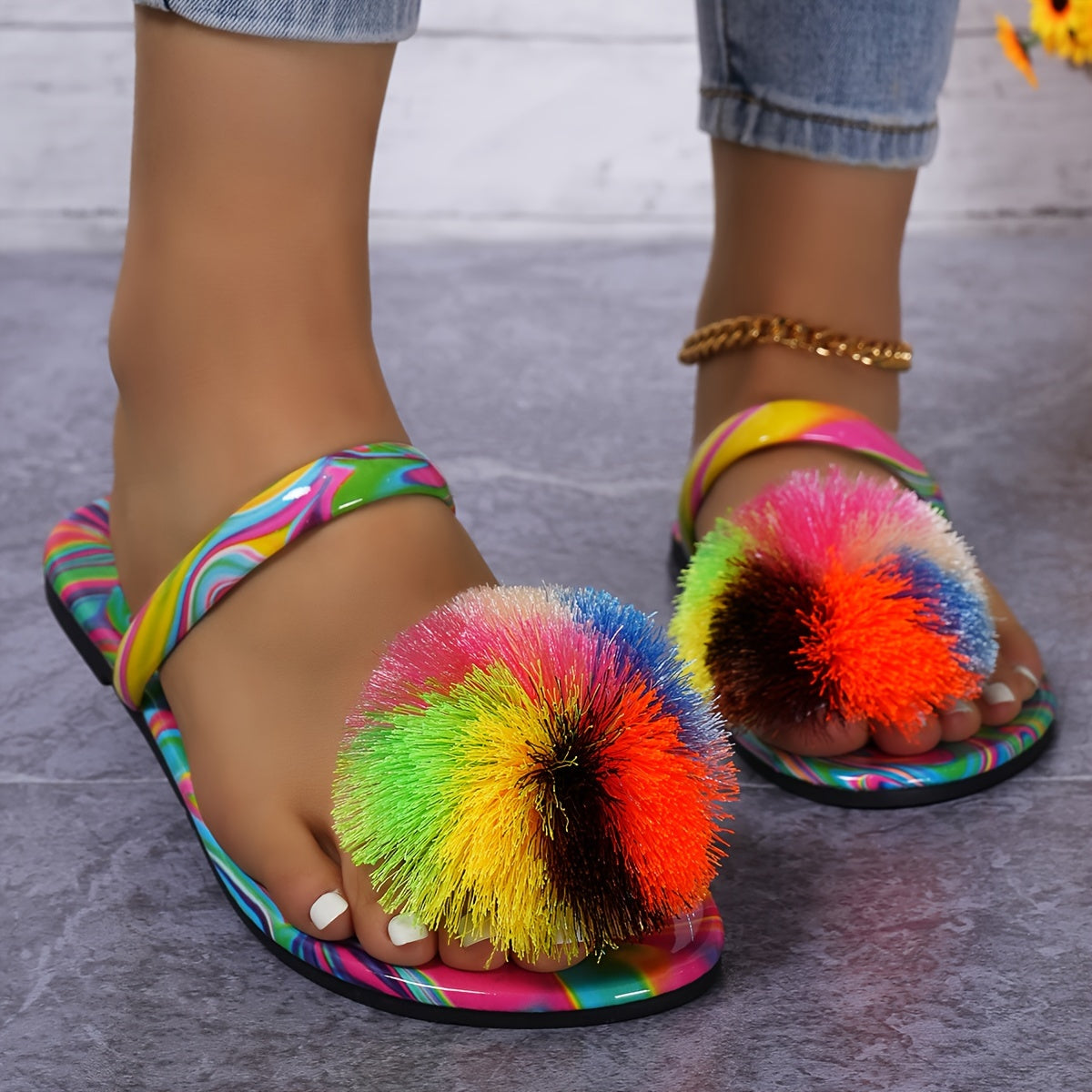 Colorful Ball Toe Striped Fashion Style Elegant Women's Summer Flat Slippers