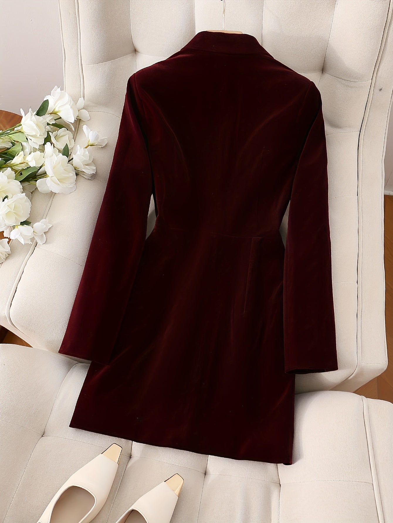 Elegant Burgundy Velvet Blazer for Women - Double-Breasted Jacket with Golden Accents, Long Sleeve, Machine Washable, Perfect for Office or Evening Wear