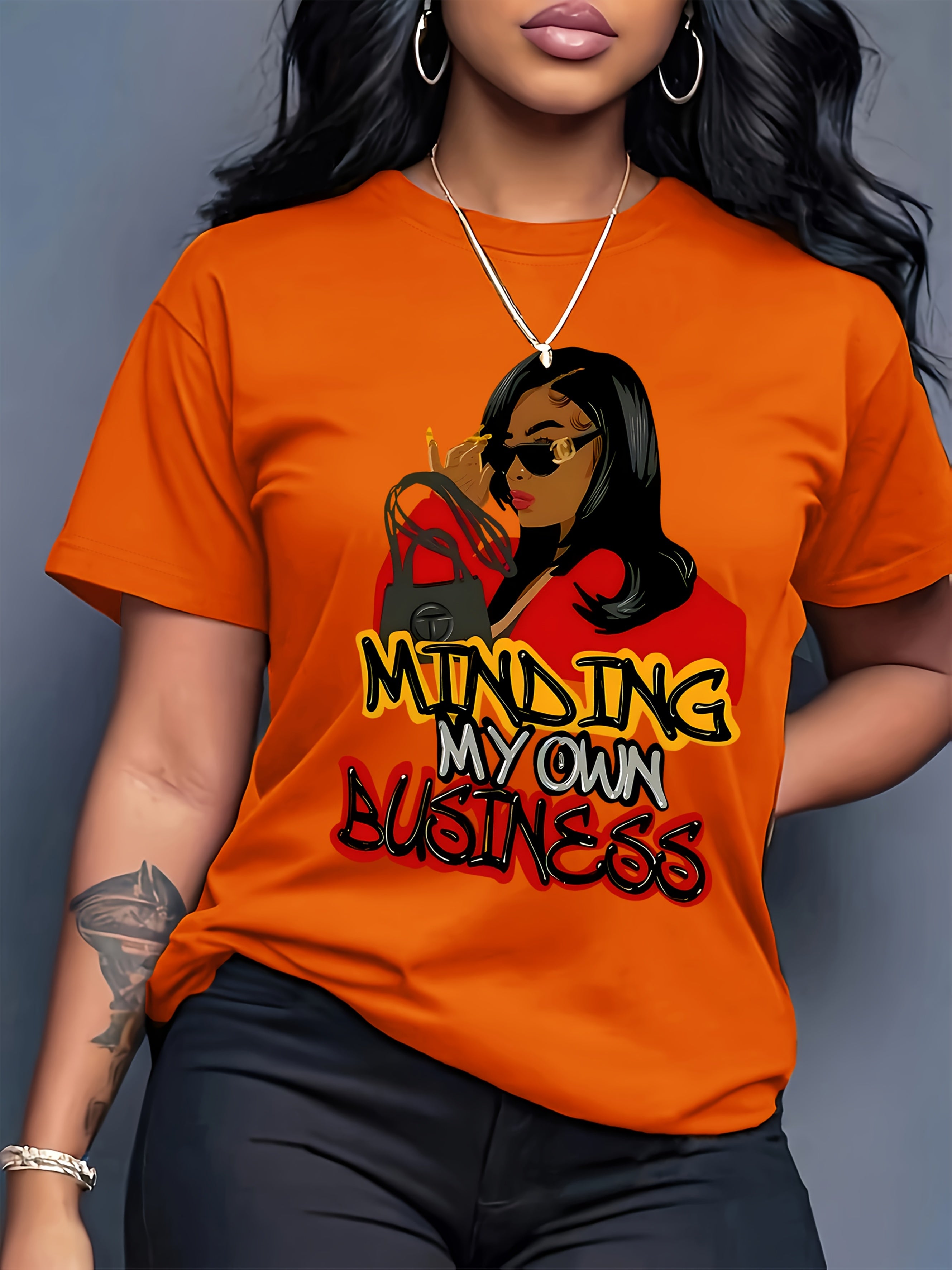 [Stylish T-Shirt] Polyester Women's Casual T-Shirt - Stylish Cartoon Character Print "MINDING MY OWN BUSINESS" Design, Machine Washable, All-Season Wear