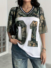 Women'S Y2K-Inspired Camo Print T-Shirt with V-Neck, Short Sleeves, and Color Block Design - Casual Loose Fit, Hollow-Out Detail, All-Season Top PB-775, Casual Wear|Vacation Style|Trendy Look