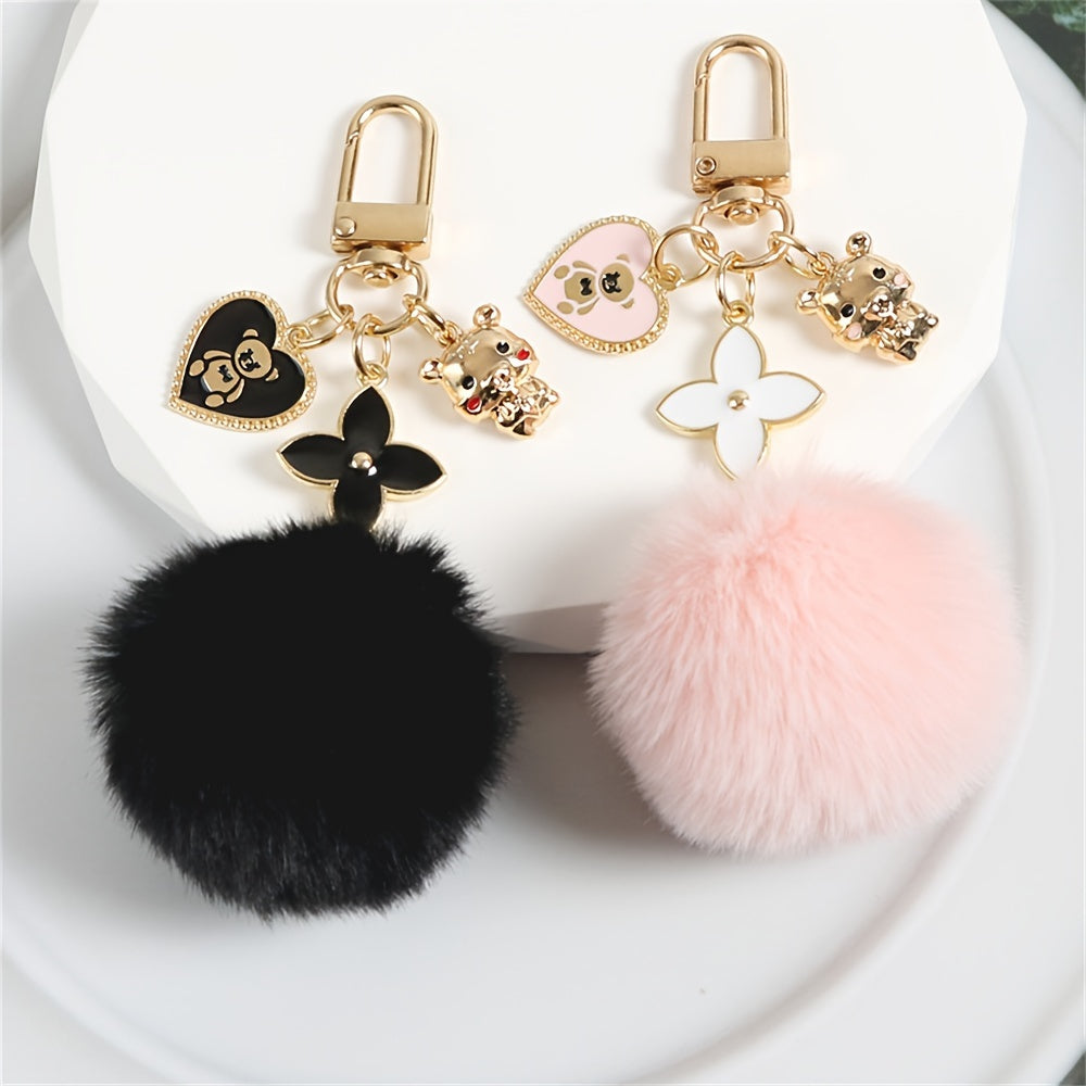 Fashion Heart and Teddy Bear Charm Keychain with Faux Fur Pom Pom, Creative Cute Wall-Mounted Key Hooks, Metallic Unfinished Style with Special Decorative Features