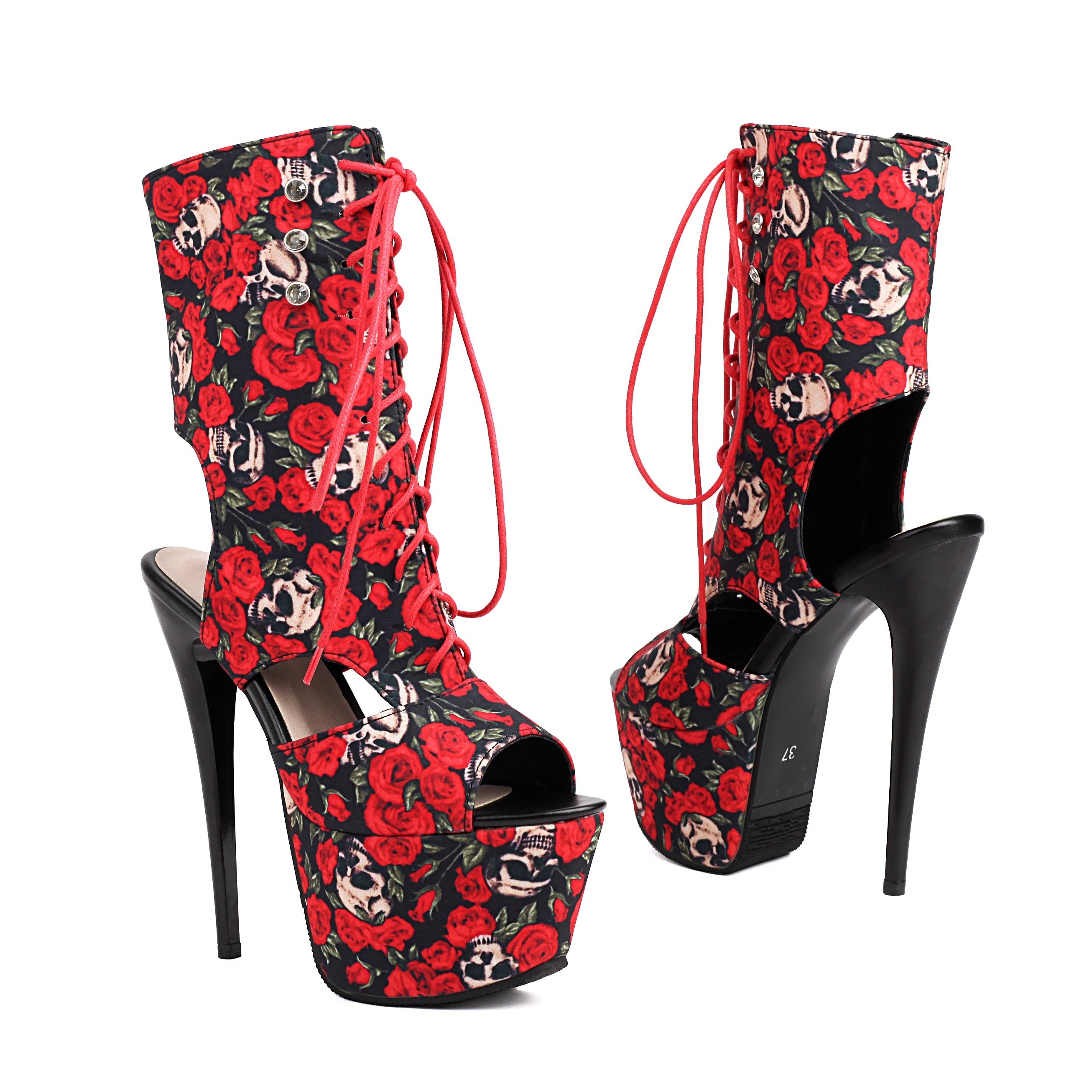 Women's Skull & Flower Pattern Stiletto Heels with Open Toe and Platform, Side Zipper Dress Pumps