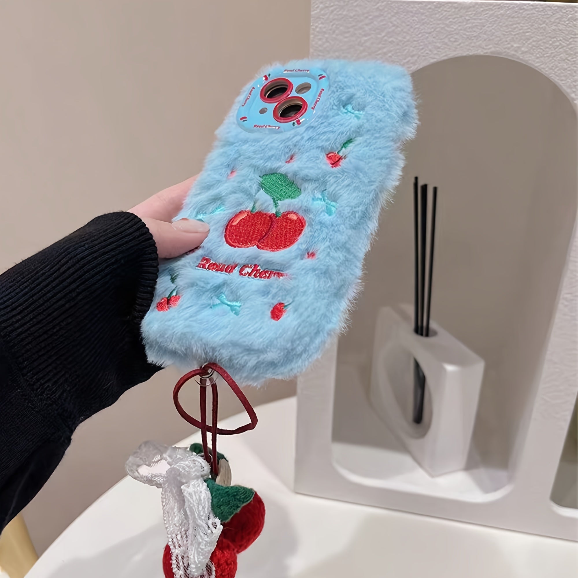 Autumn And Winter Cherry Plush Phone Case with Cherry Pendant for Iphone 16 Pro Max