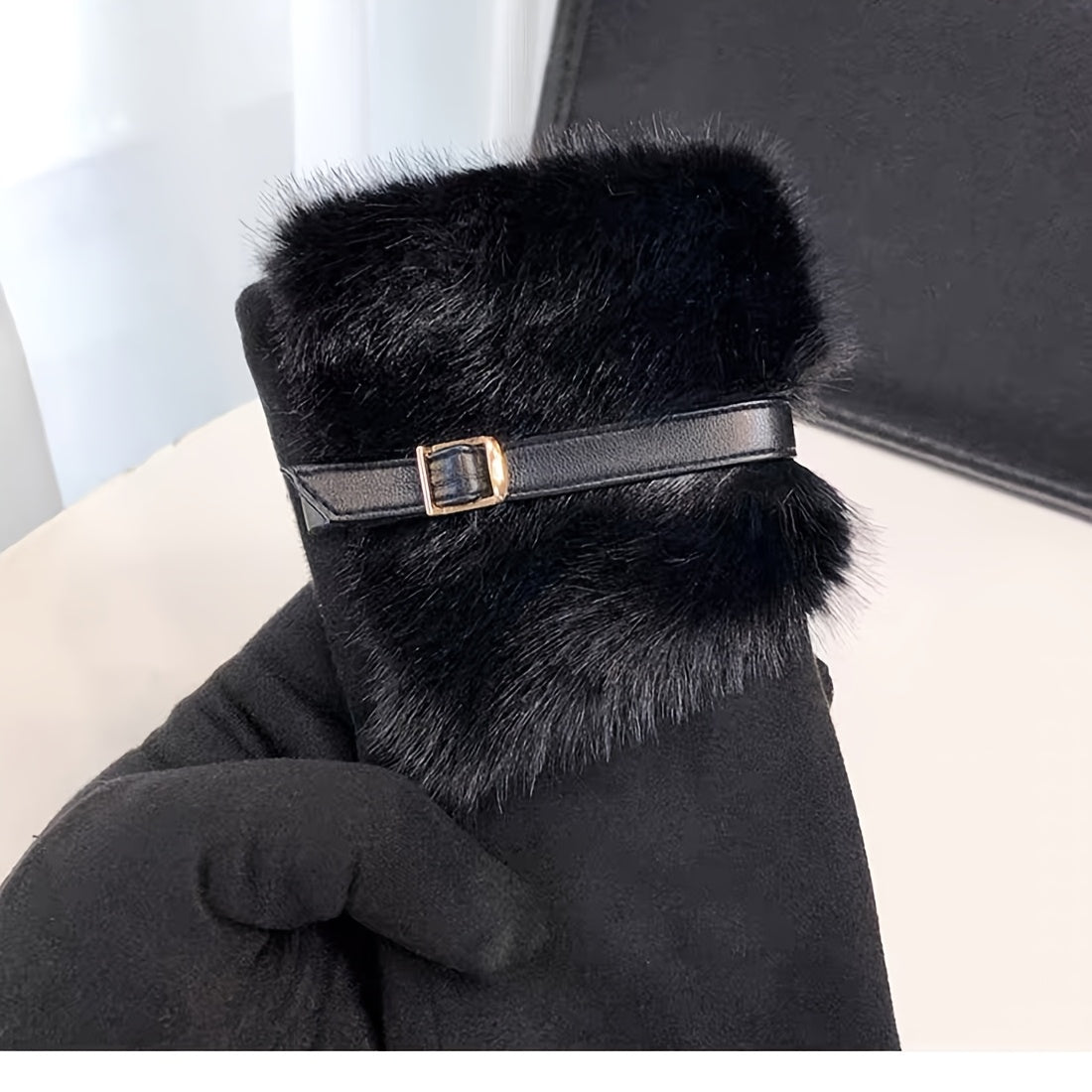 Women'S Fashion Faux Fur-Lined Full Finger Mittens, Polyester Knit Fabric, with Hand Wash Only, for Fall/Winter Outdoor Warm Accessories