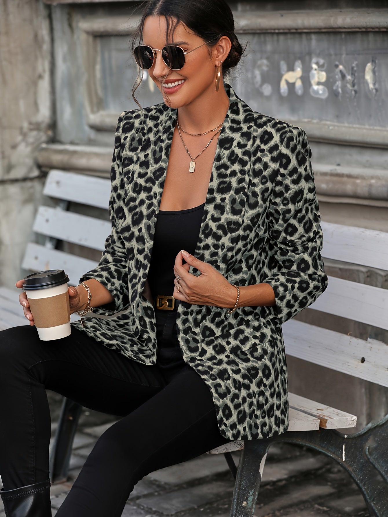 Leopard Print Open Front Blazer, Elegant Lapel Neck Long Sleeve Blazer For Office & Work - Women's Clothing - Stylish & Professional - Suitable for Business Meetings & Formal Events - Perfect Gift for Women