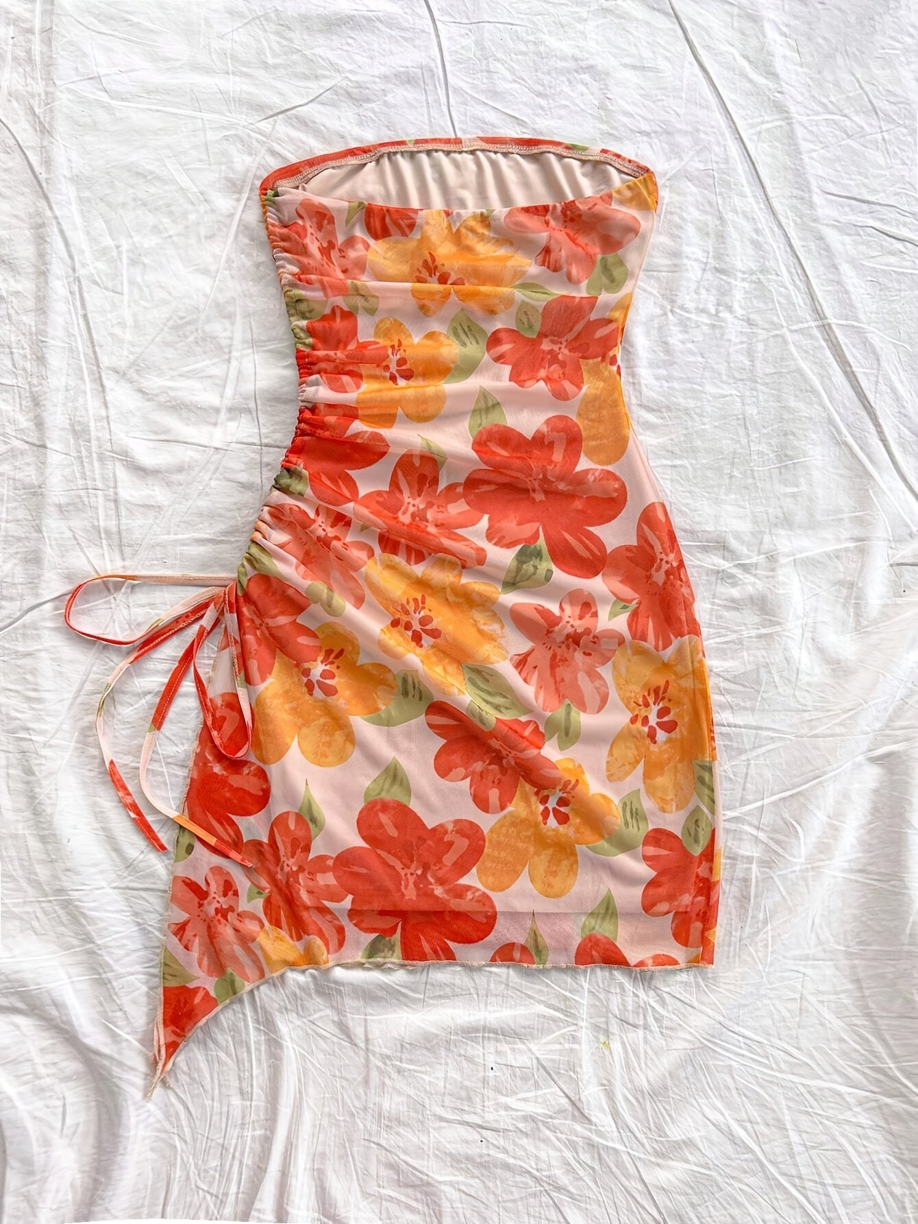Women's Middle Eastern-Inspired Off-Shoulder Strapless Mesh Dress with Adjustable Side Drawstring Hem & Irregular Floral Print - Semi-Sheer All-Season Machine Washable Elegant Casual to Formal Wear, Beach Coverup, Flowy Const