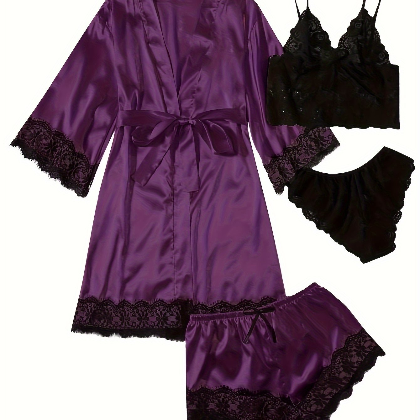 Three Quarter Sleeve Satin Elegant Lounge Set, Contrast Lace Robe With Belt, Cami Bra, Panty, and Elastic Shorts, Women's Loungewear