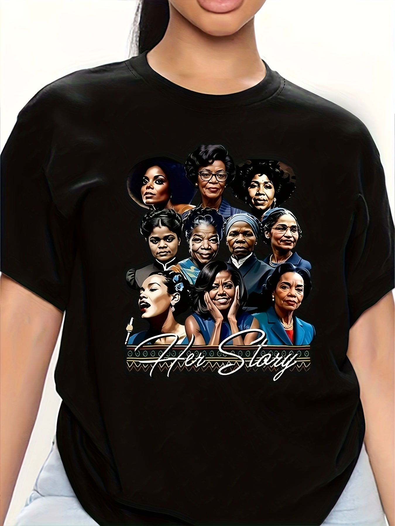 Women's Empowerment Black T-Shirt with "HOT STORY" & Iconic Portraits - Casual Crew Neck, Short Sleeve, Polyester, Machine Washable - Perfect for Spring/Summer, Spring Summer Apparel|Women's Empowerment Theme|Polyester Fabric