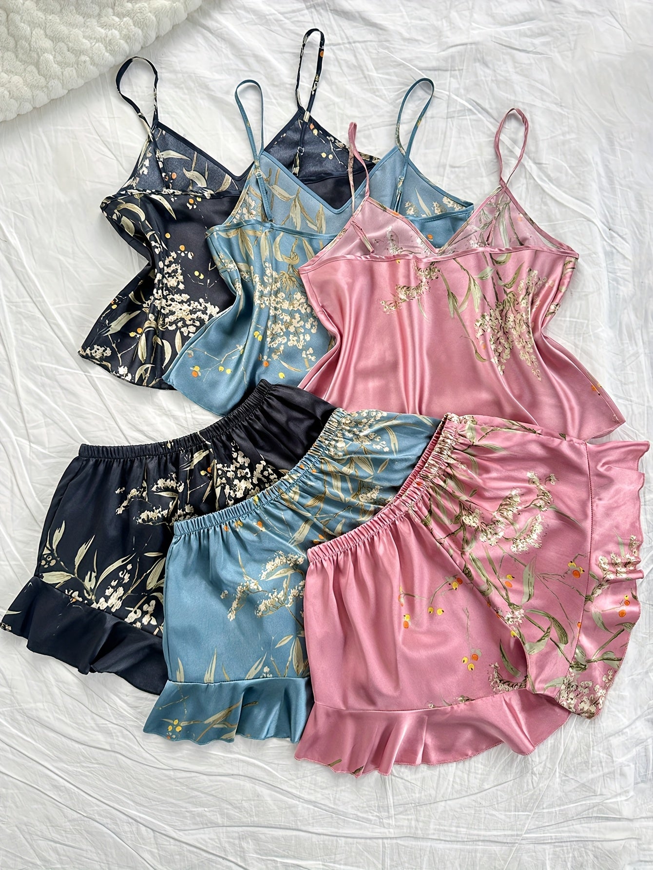 6pcs Women'S Pajama Set, Sexy V-Neck Cherry Print Camisole with Ruffle Shorts, All-Season Comfortable Polyester Sleepwear, 100% Polyester, 90g/m² Woven Fabric, Adult Nightwear