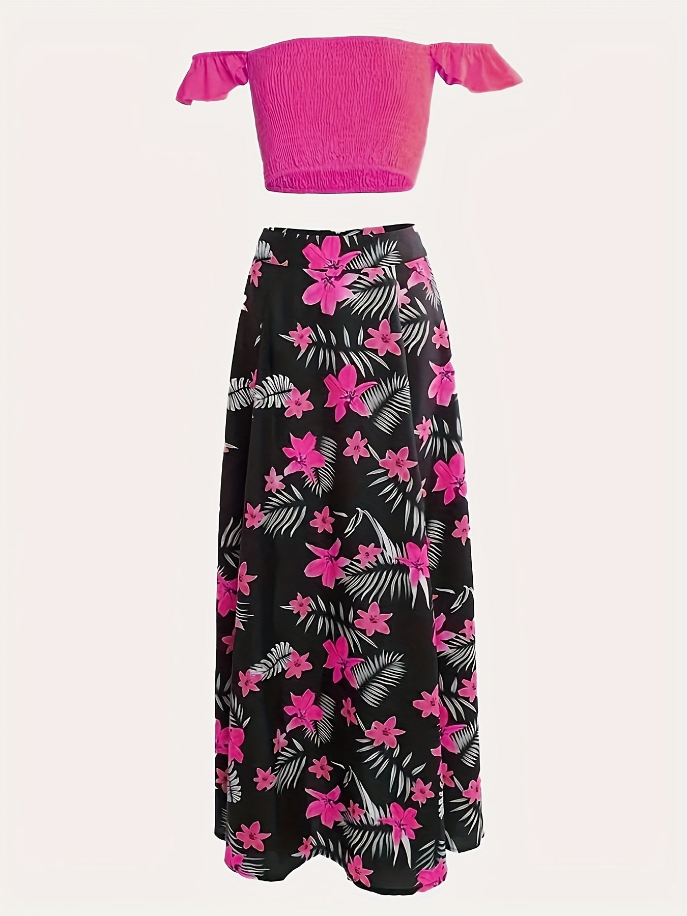 Casual Fashion Beach Vacation Two-Piece Set Women's Summer New European Print Pleated Off-Shoulder Crop Top with Slit Skirt