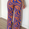 Women'S High-Waisted Flared Pants with Vibrant Orange and Blue Wavy Print, Stretchy Polyester Fabric, Perfect for Spring/Summer/Fall, Casual to Semi-Formal Attire