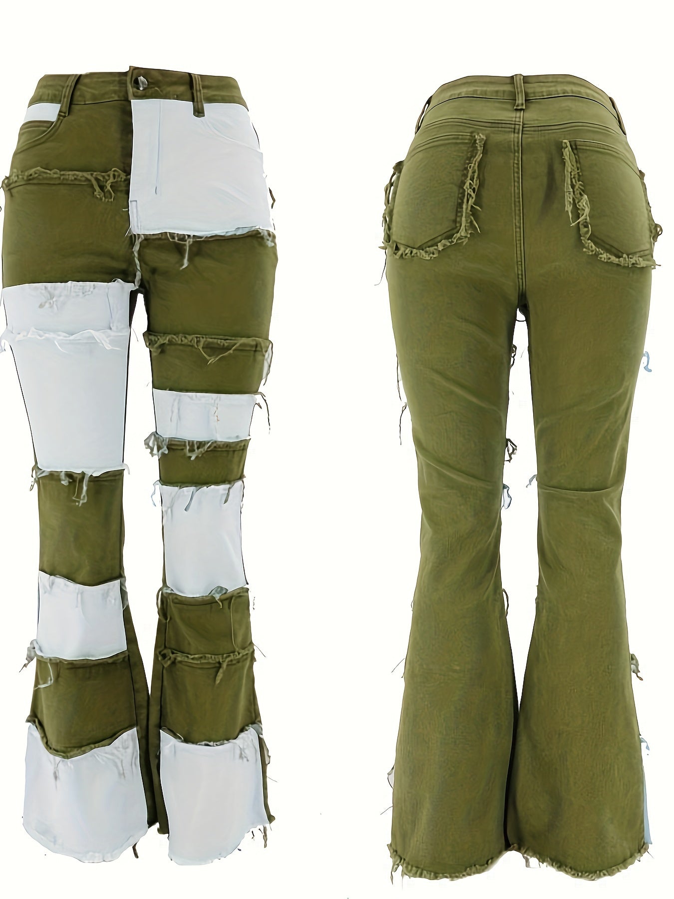 European And American New Fashion Contrasting Patchwork High-waisted Tight Hip Flared Women'S Denim Trousers