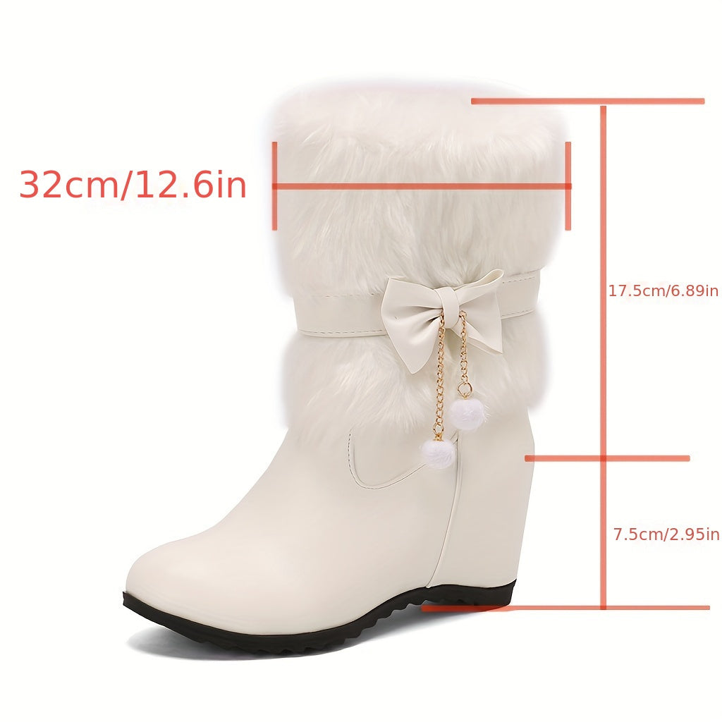 Women's Autumn and Winter Fashion Elegant Sweet College Princess Bow Artificial Ball Tassel One-Shoulder Boots, Mary Jane Solid Color Fluffy Faux Fur Wedge Heels, Multifunctional Outdoor Casual Comfortable Warm High Heel Shoe