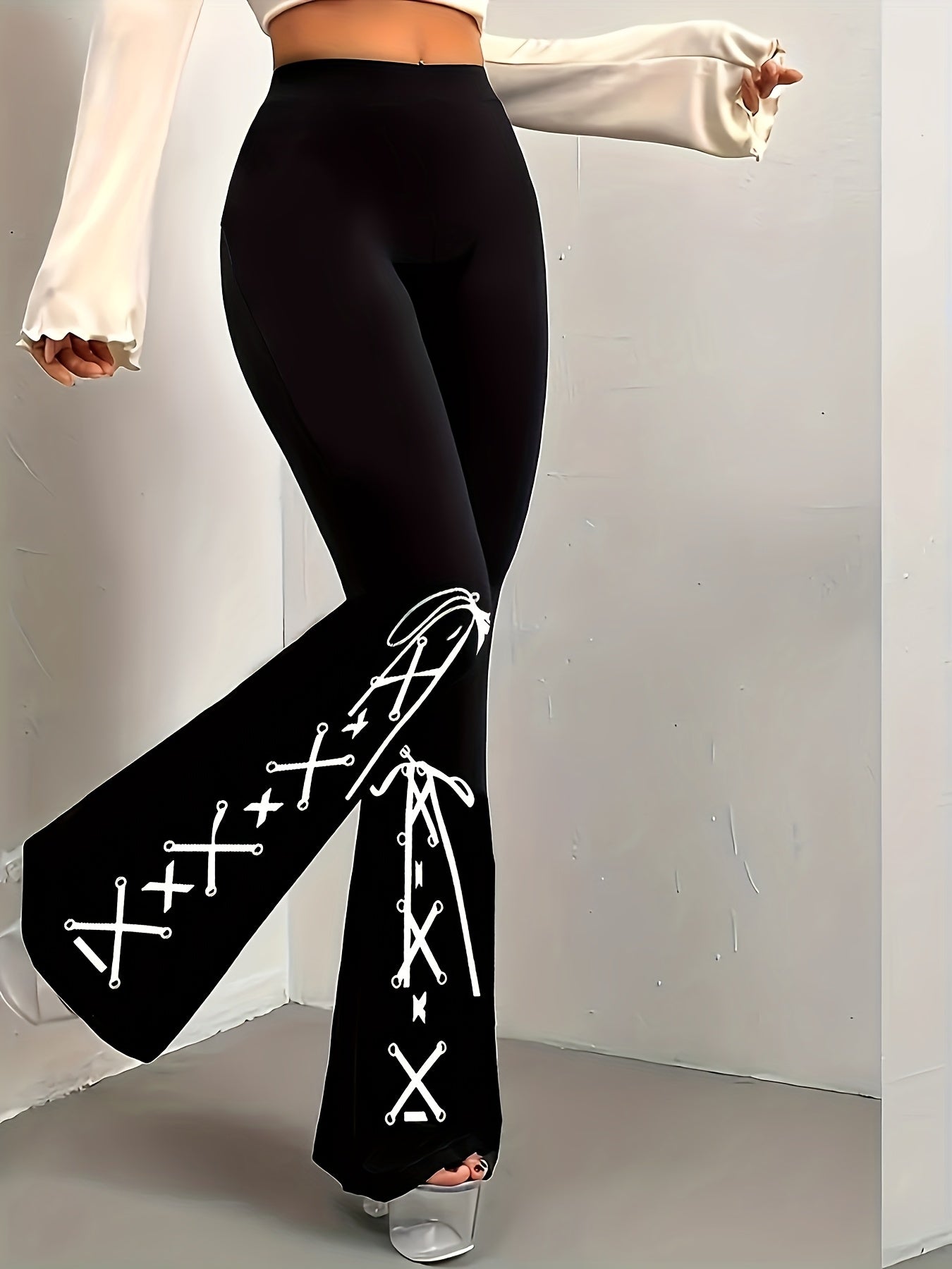 Women's Flared Pants | Black with White Lace-Up Design | Stretchy Polyester-Spandex Blend | Casual All-Season Wear | Machine Washable | Slim Fit Bell Bottoms for Everyday Style, Allseason Trousers | Stylish Casualwear | Comfo