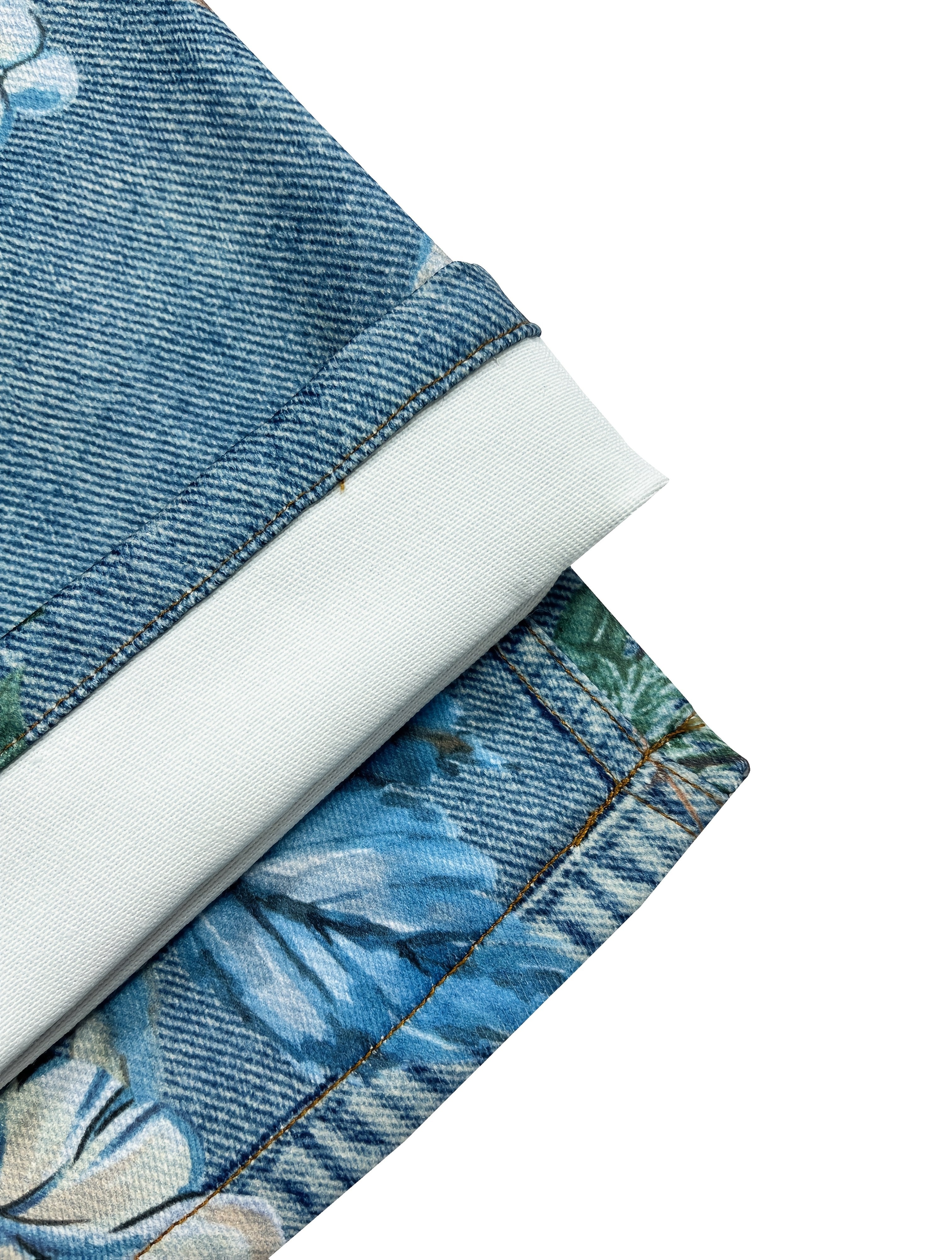 Loose-Fitting Casual Street Style Retro Floral Print High-Waisted Wide-Leg Blue Faux Denim for Women'S Fashion in All Seasons.