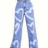 Women's High-Waisted Wide Leg Denim Jeans with Heart Print - Light Blue Casual Loose Fit Pants, Cotton, Long Length, Perfect for Casual Attire