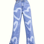 Women's High-Waisted Wide Leg Denim Jeans with Heart Print - Light Blue Casual Loose Fit Pants, Cotton, Long Length, Perfect for Casual Attire
