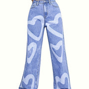 Women's High-Waisted Wide Leg Denim Jeans with Heart Print - Light Blue Casual Loose Fit Pants, Cotton, Long Length, Perfect for Casual Attire