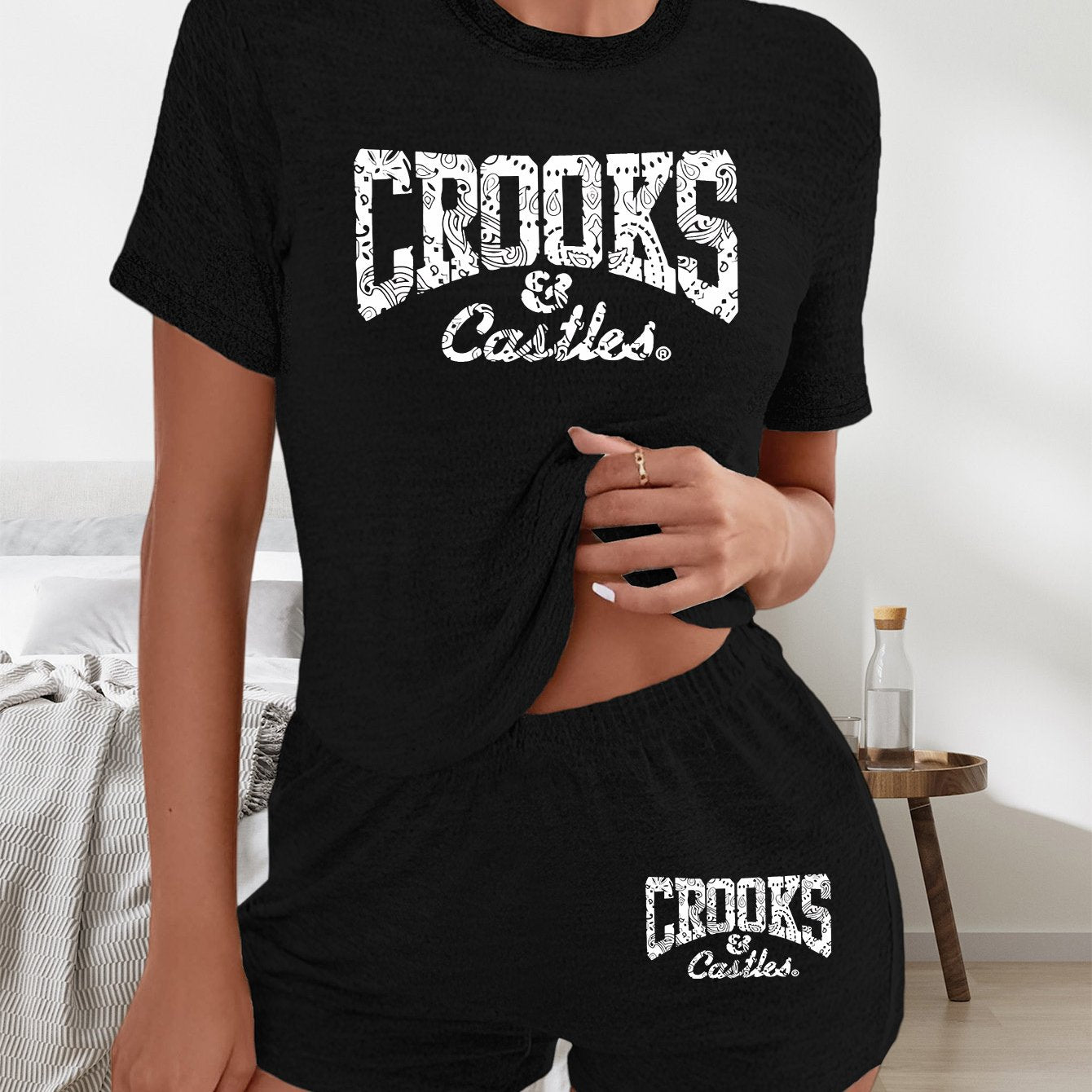 Women'S "Crooks & Castles" Graphic Tee & Shorts Set - Black Casual Summer Outfit with Glittery Letter Print, Polyester, Round Neck, Short Sleeve, Shorts, Casual Wear | Glittery Print Top | Polyester Fabric