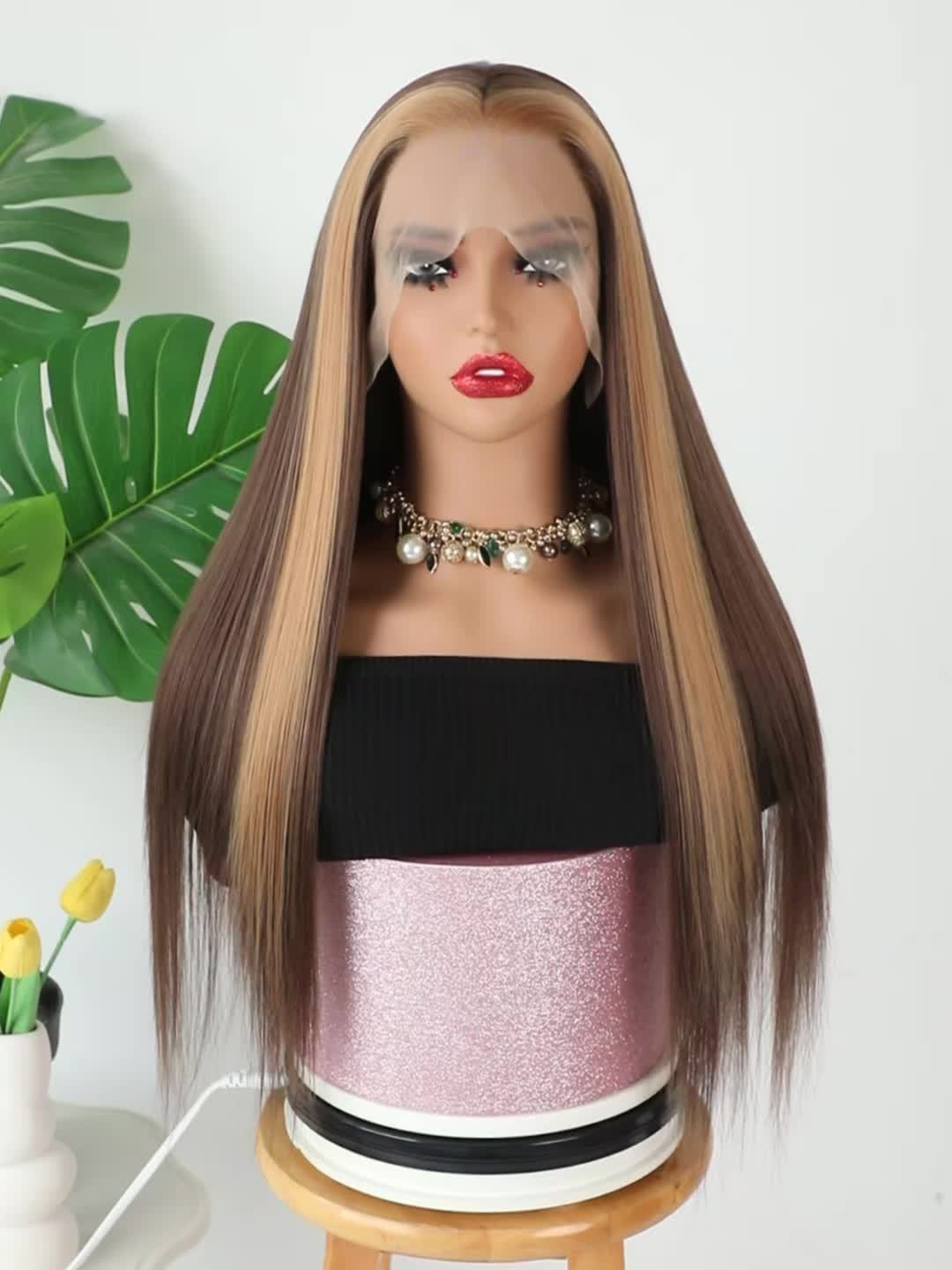28 Inch Honey Blonde Highlights on Brown Synthetic Lace Front Wig - Glueless 13x4 HD Lace, Heat Resistant 180% Density Straight Hair Wig for Women, Daily Wear & Cosplay, Lace Wig