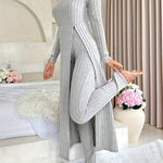 Short Sleeve V Neck Solid Color Ribbed Pants Set, Elastic Waist Slim Outfits with Long Length Top, Casual Women's Clothing