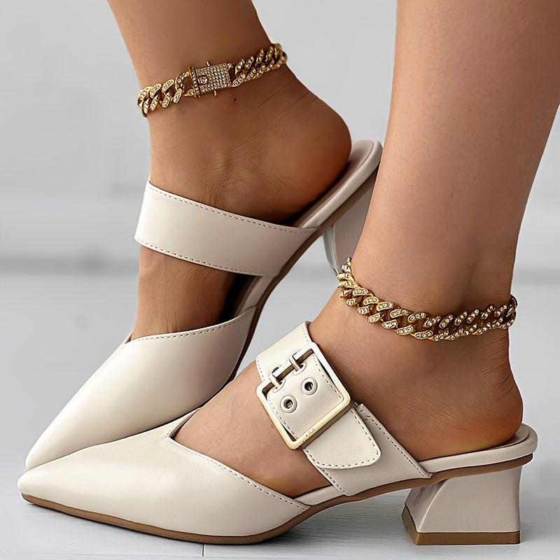 CHICME Women'S Pointed Toe Mary Jane Sandals - Summer 2023 Collection, Chunky Heel, Ankle Strap, Faux Cover, White, Open-Toe Design, Comfortable Fashion Sandals, Chic Footwear | Pointed Toe Sandals | Mary Jane Style Sandals