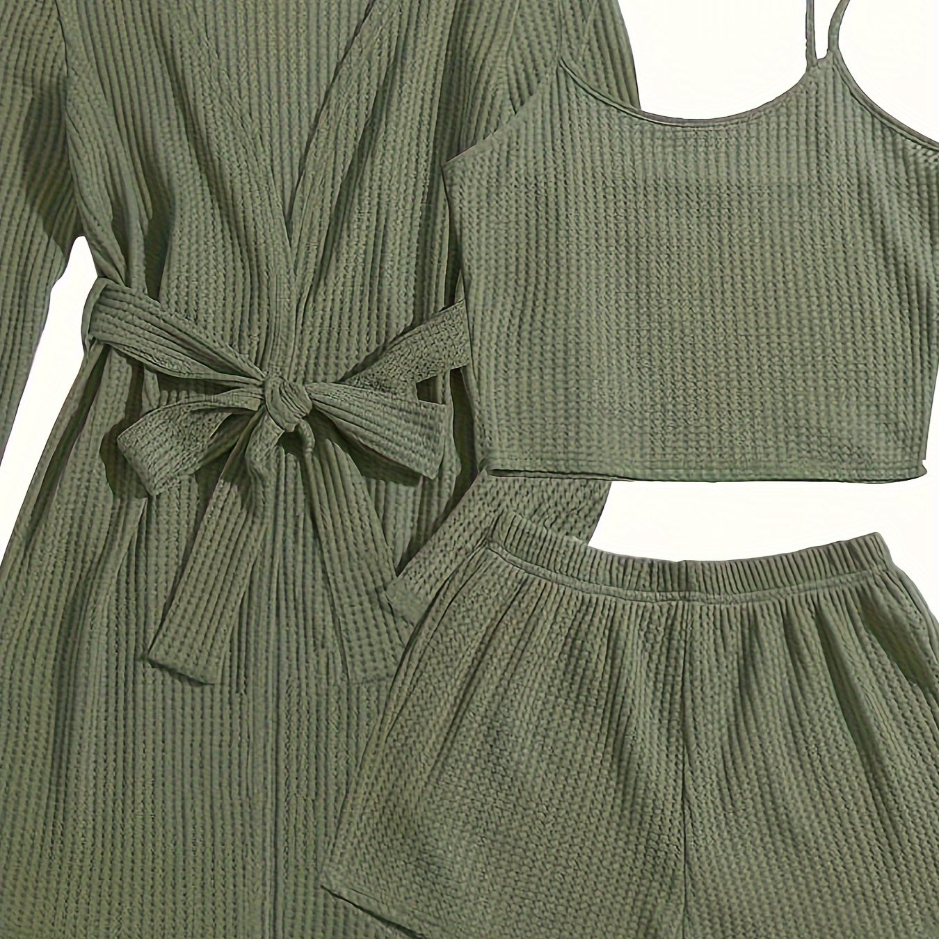 Women's Casual Solid Waffle Lounge Set, Long Sleeve Robe With Belt & Round Neck Backless Crop Cami Top & Shorts, Comfortable Relaxed Fit, Summer Home Wear