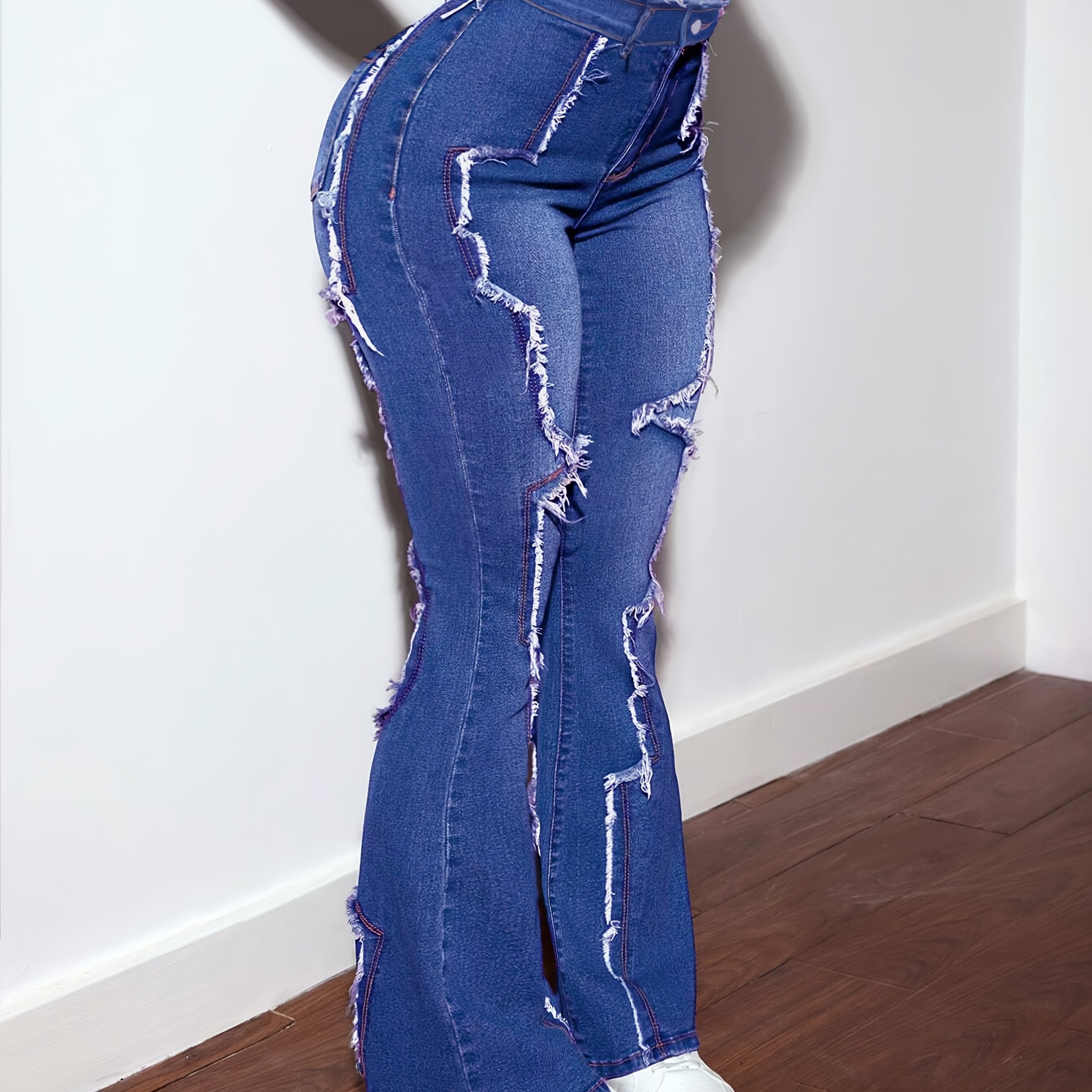 Women's High-Waisted Flared Jeans - Mid-Stretch Denim Pants with Details, Dark Blue Flattering Fit, 73% Viscose Blend, All-Season Comfort & Versatile Casual Wear