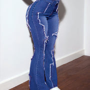 Women's High-Waisted Flared Jeans - Mid-Stretch Denim Pants with Details, Dark Blue Flattering Fit, 73% Viscose Blend, All-Season Comfort & Versatile Casual Wear