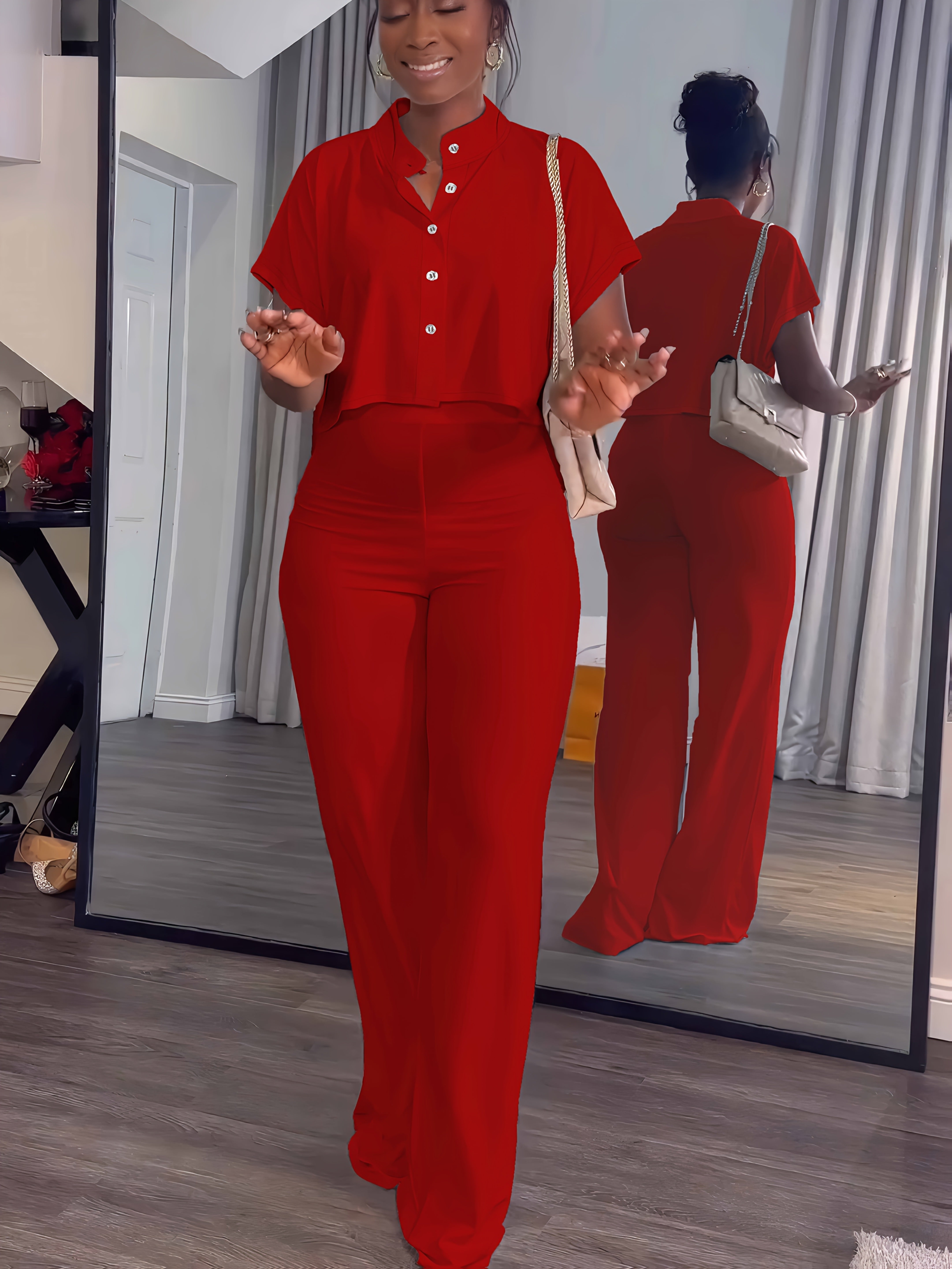 Women's Summer 2pcs Outfits Casual Tracksuit Short Sleeve Button Crop Top Wide Leg Long Pant Lounge Sets