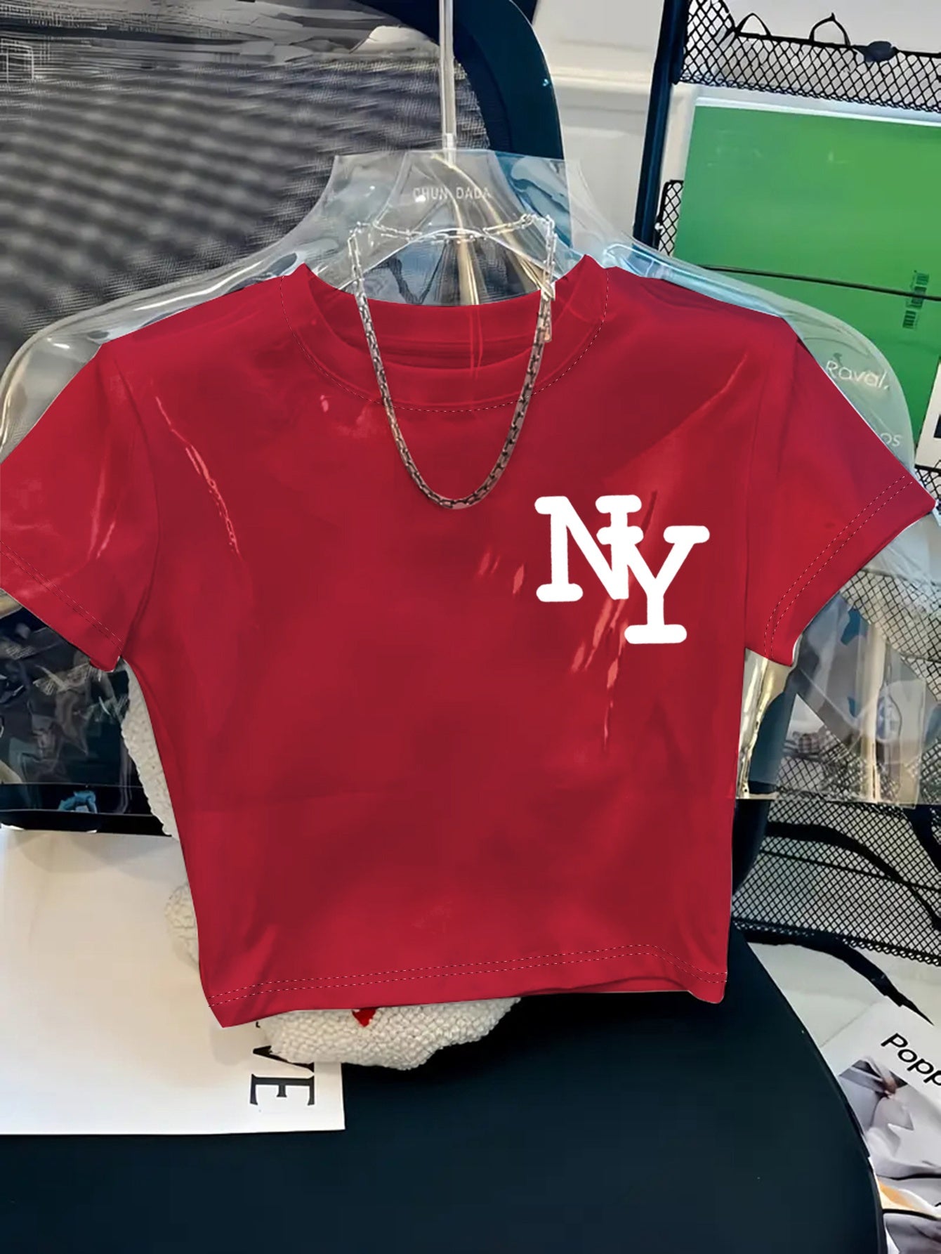 Women's Y2K Style NY Monogram Graphic T-Shirt - Soft Stretchy Polyester Blend, Oversized Cropped Fit, Machine Washable Spring/Summer Casual Top