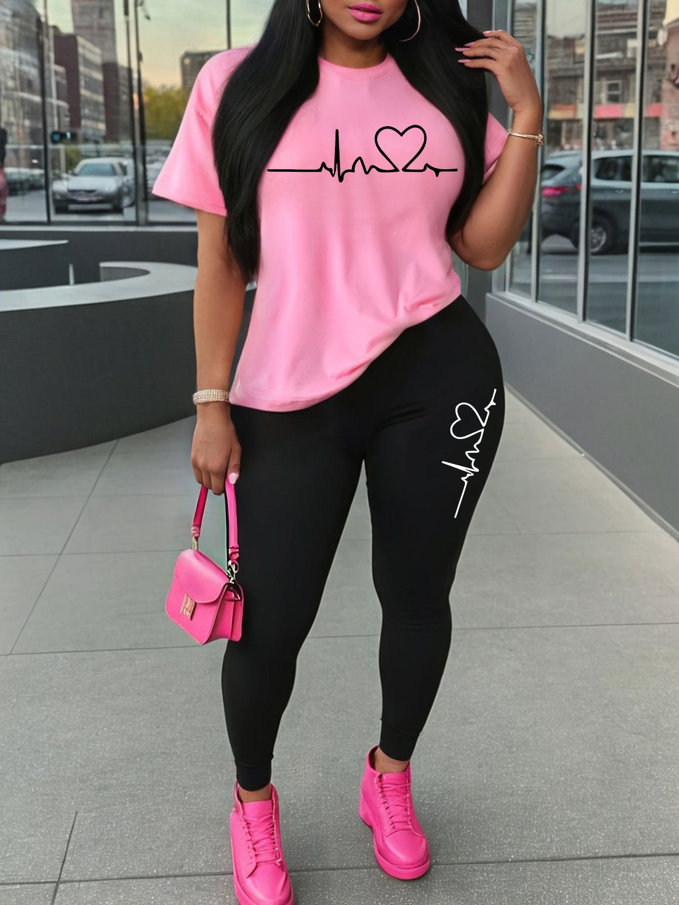 Women'S Love Heart Print Two-Piece Set, Casual Crew Neck Short Sleeve T-Shirt and Knit Polyester Leggings, All-Season Comfort, 96% Polyester 4% Spandex, 180gsm - Red