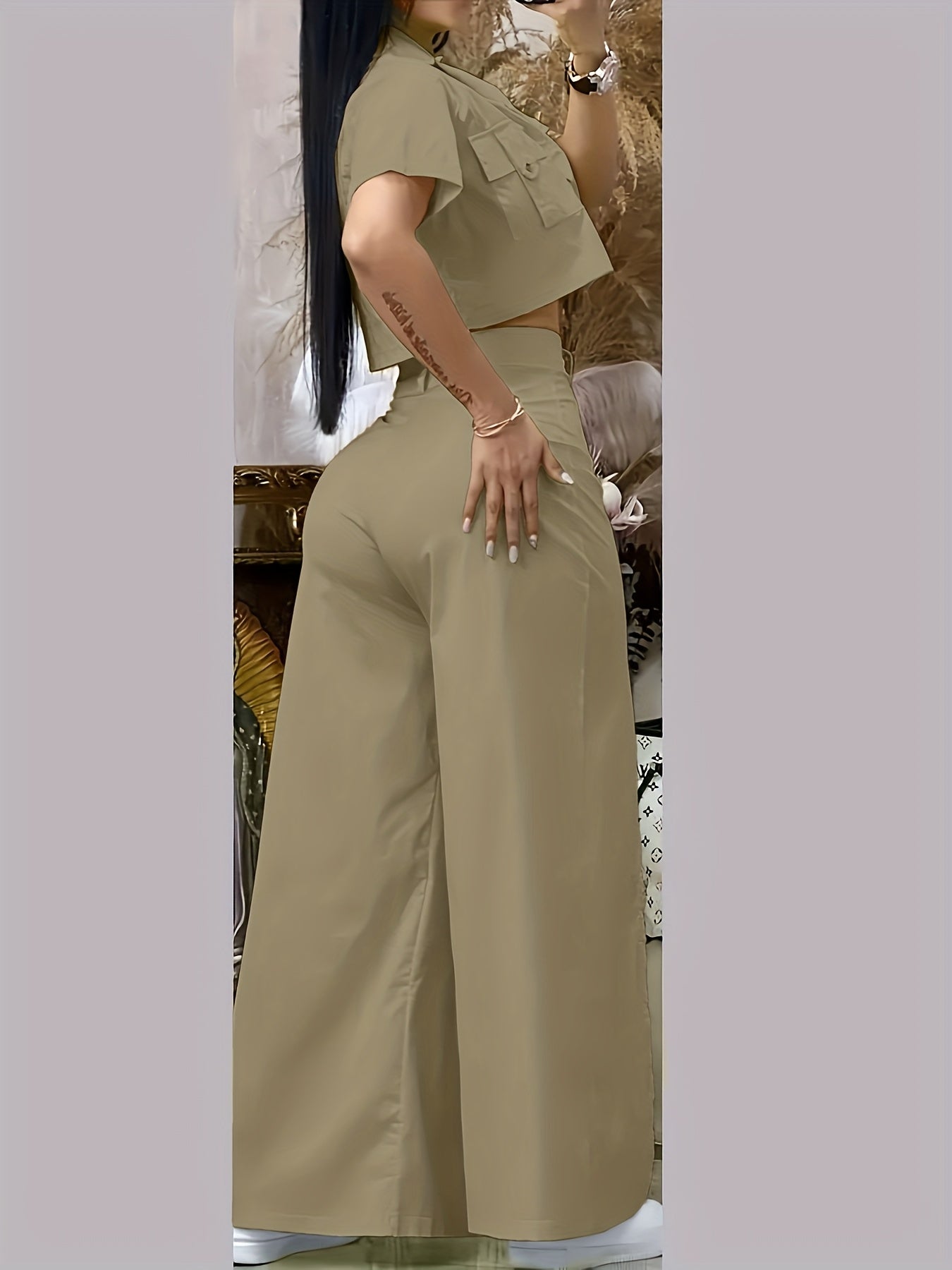 [Vibrant Yellow Set] Two-Piece Vibrant Yellow Women's Casual Set - Short Sleeve Button-Up Shirt & High-Waist Wide-Leg Pants with Thigh-High Slit, Polyester, Machine Washable