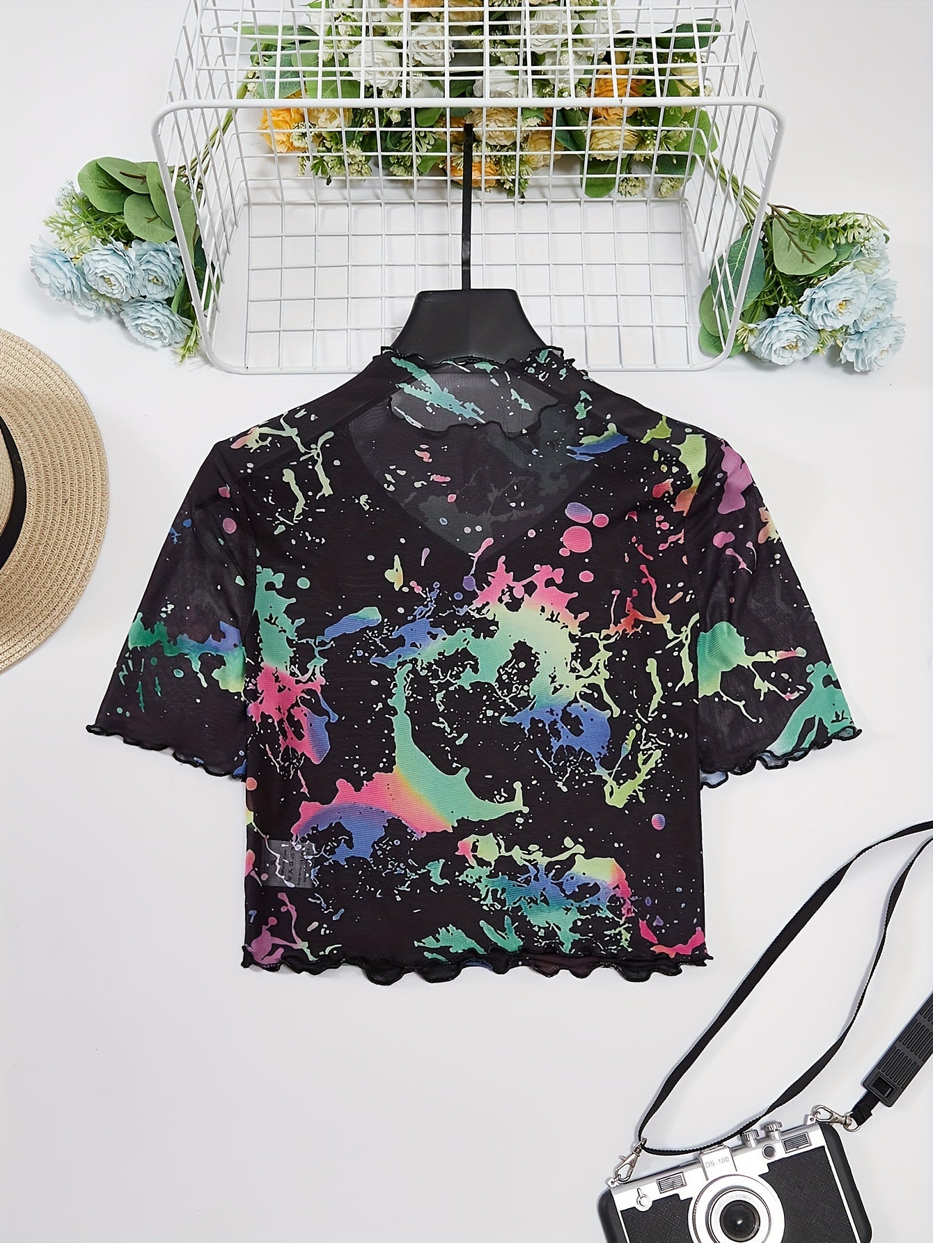 Colorful Print Mock Neck T-shirt, Y2K Short Sleeve Lettuce Trim Crop Semi-sheer Top For Spring & Summer, Women's Clothing