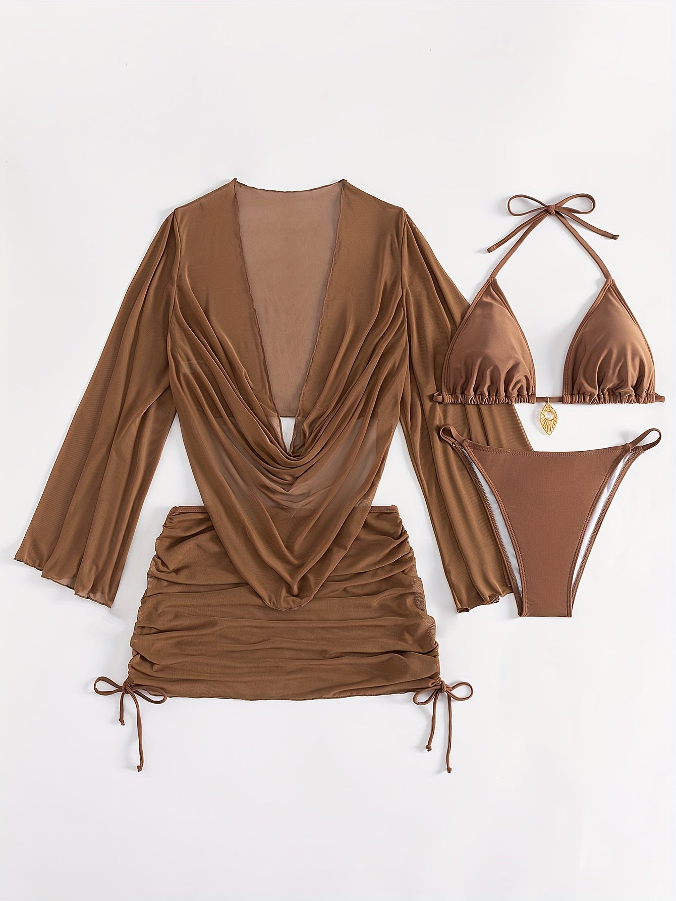 [Sexy Bikini Set] Stylish Sexy Four-Piece Bikini Set with Sheer Cover-Up, European and American