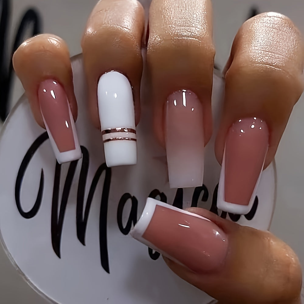 Show Your Beauty 24pcs of Medium Ballet Nails Simple and Elegant White Edge French Golden Stripes Bright White False Nails Fashionable Wearable Nails Suitable for Women and Girls Removable Press-on Nail Set with Jelly Glue an