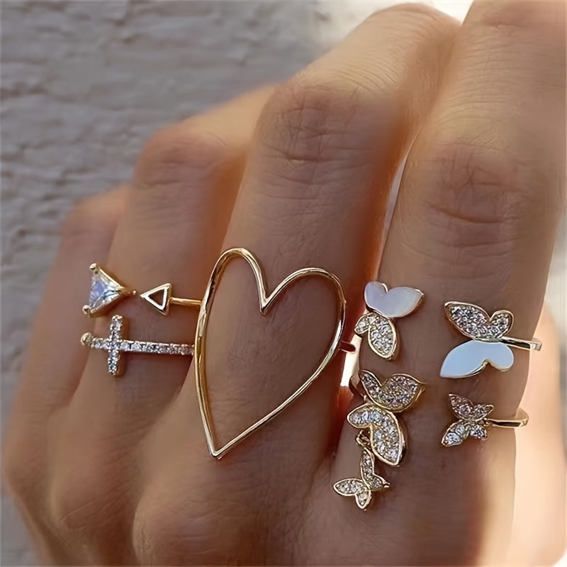 5 Elegant Heart-shaped Butterfly Triangle Rings Per Set - Bohemian Minimalist Stacked Women's Rings - An Ideal Choice For Valentine's Day, Gifts, And Daily Wear