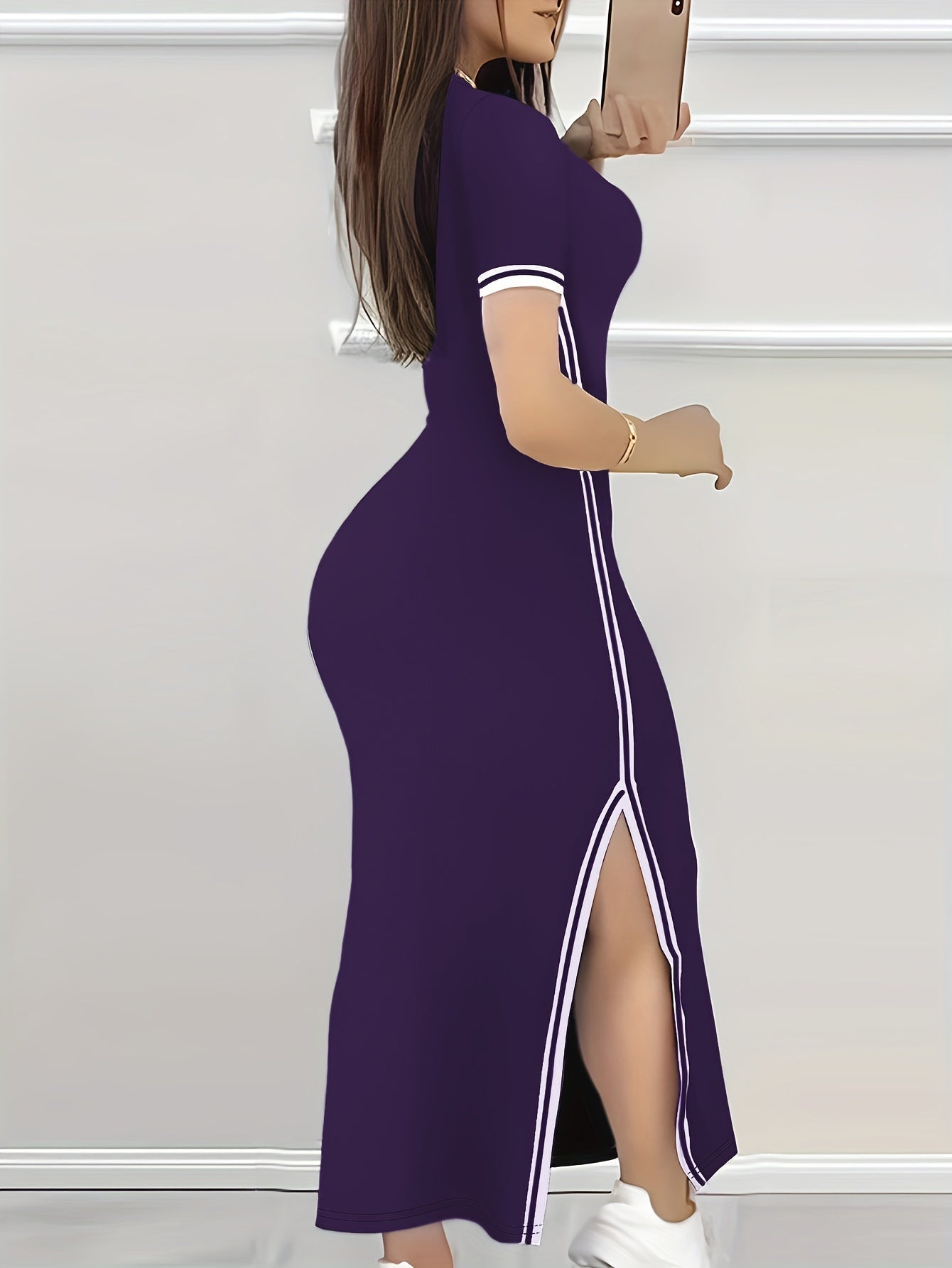 Women's Contrast Trim Split Hem Bodycon Dress - Elegant Crew Neck Short Sleeve Dress For Spring & Summer - For Women - Perfect for Parties & Casual Occasions - Stylish Gift for Fashionable Ladies