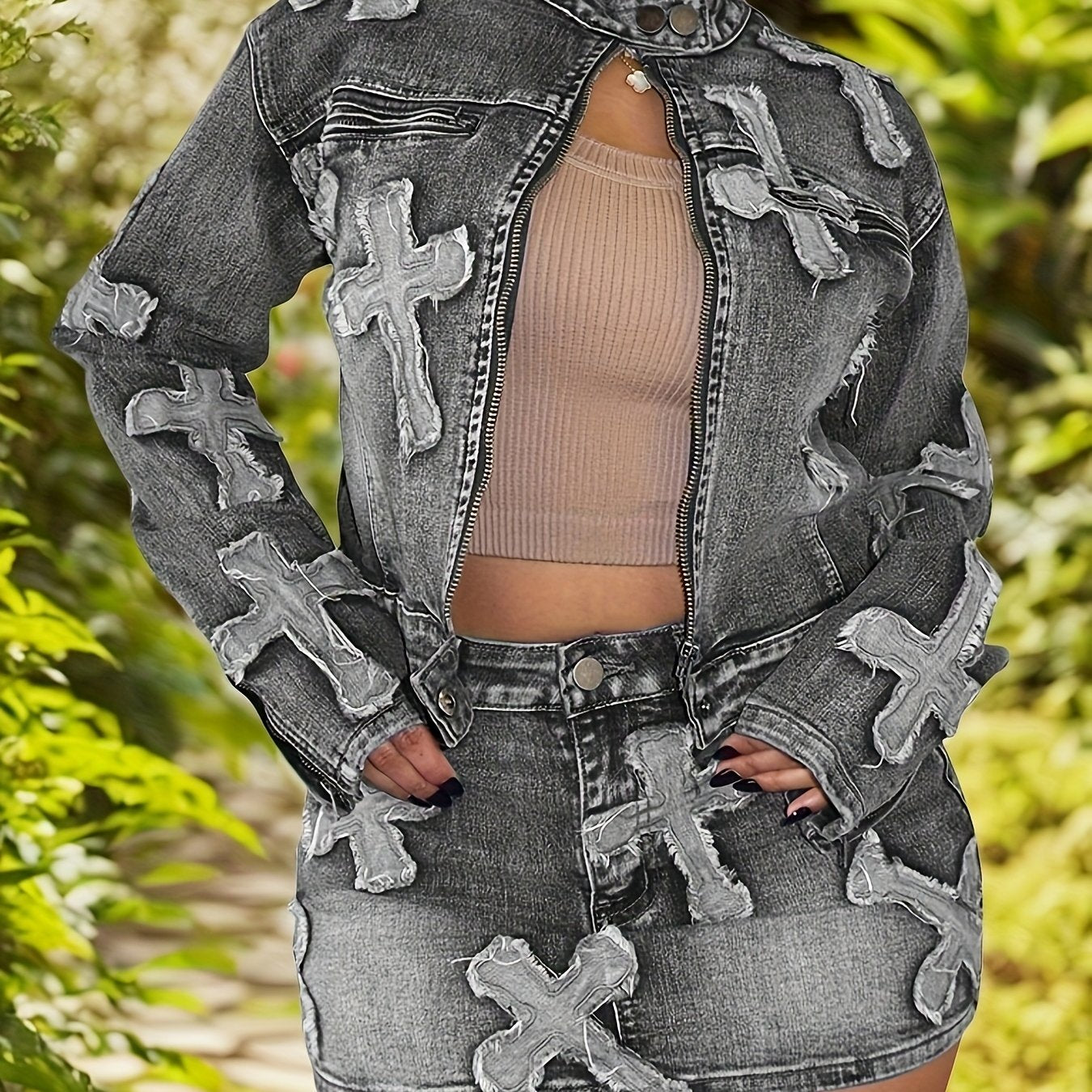 Skirt Sets Women 2pcs Outfits Denim Long Sleeve Full Zip Embroidery Crop Jean Jacket Mini Skirt Set