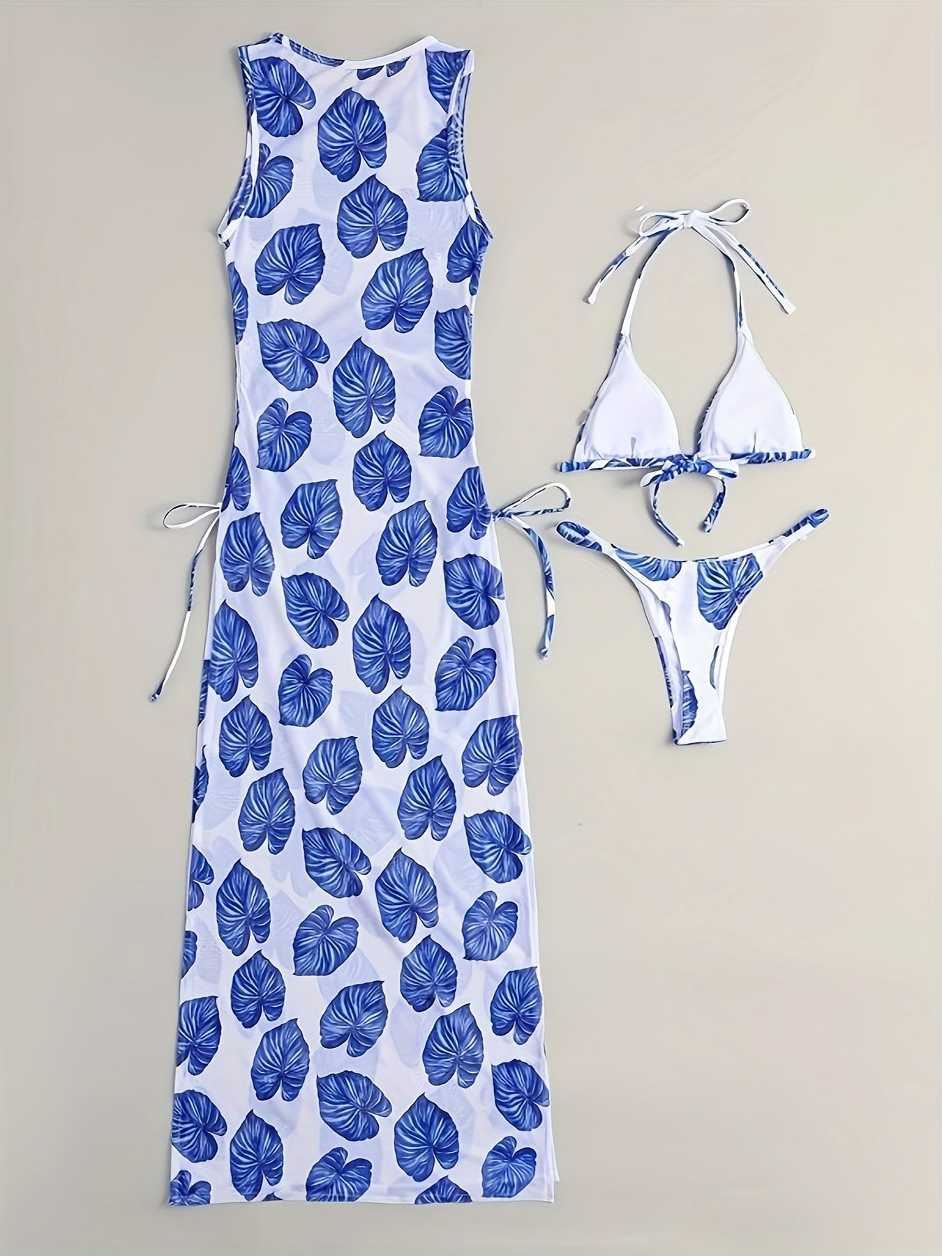 Blue Leaf Print Women's Bikini Three Piece Set, Adjustable Tie Top, Briefs, Sleeveless Blouse Dress, Women's Swimwear and Outfit