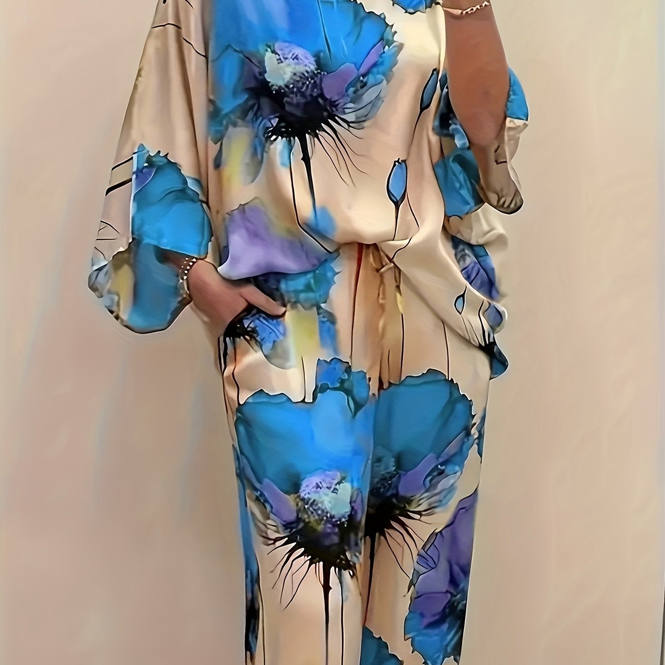 Women's Elegant Floral Print Satin Two-Piece Set: Round Neck Top and Wide Leg Pants
