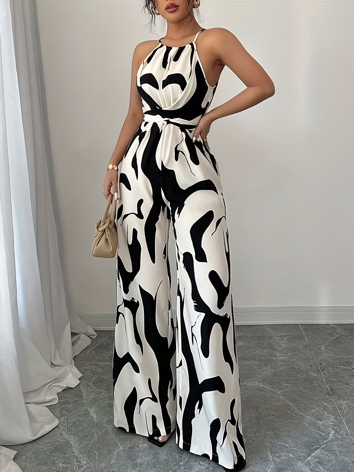 Women's Elegant Off-Shoulder Print Jumpsuit with Wide Legs and Tie Waist - Black & White Abstract Pattern, Polyester Fabric, Perfect for Vacation and Everyday Chic